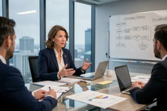 Femme d'affaires présentant une stratégie d'externalisation lors d'une réunion en salle de conférence moderne
