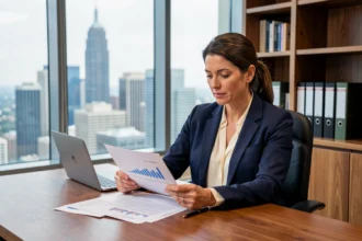 Femme cadre supérieure en costume marine travaillant dans un bureau exécutif moderne avec vue sur la ville, illustrant les métiers bien rémunérés à 8000 euros par mois