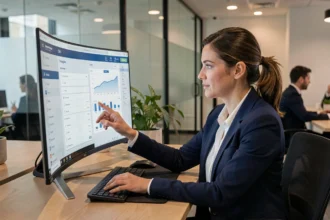 Femme professionnelle utilisant un logiciel CRM sur un grand écran dans un open space moderne