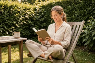 Femme détendue lisant un livre dans un jardin, illustrant le bien-être lié au travail réduit et au temps libre