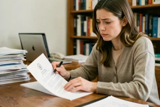 Femme remplissant un document officiel pour justifier une absence au travail depuis son bureau à domicile