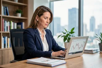 Femme entrepreneur analysant son chiffre d'affaires sur un ordinateur portable dans un bureau moderne
