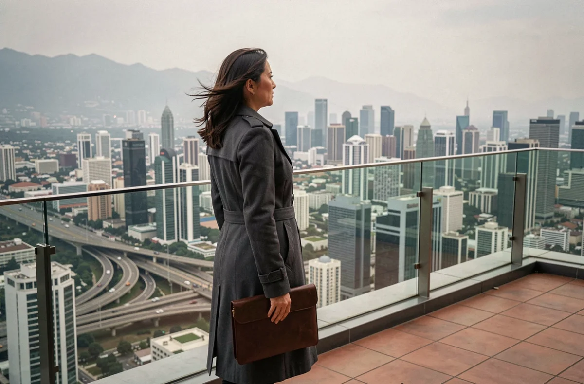 Femme de pouvoir en imperméable sur un toit face à un panorama urbain mondial évoquant la géopolitique et la domination économique