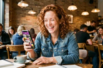 Femme riant devant une publicité virale sur son smartphone dans un café urbain