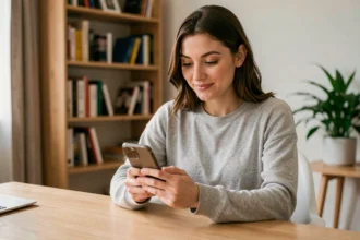 Jeune femme utilisant son smartphone avec un forfait mobile flexible goodybag dans un bureau minimaliste