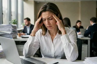 Femme stressée au travail assise à son bureau avec les mains sur les tempes, environnement de bureau moderne en arrière-plan flou