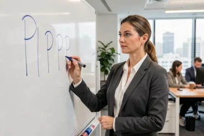 Femme d'affaires écrivant les 3 P sur un tableau blanc dans un bureau moderne