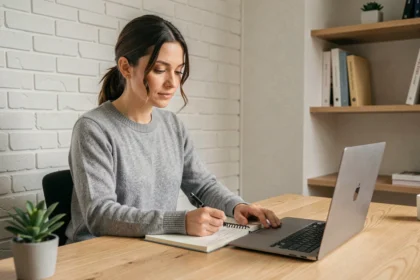 Femme en télétravail concentrée à son bureau à domicile bien organisé avec un carnet de notes et un ordinateur portable