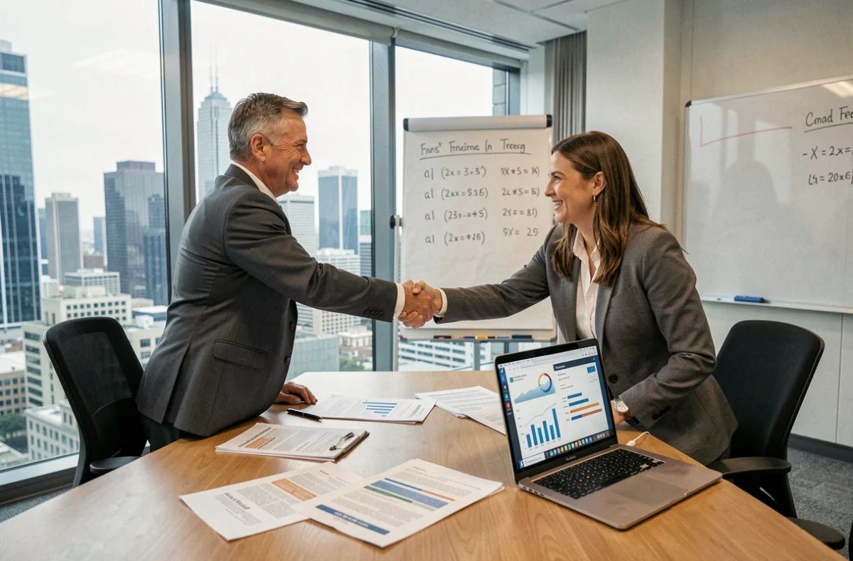 Deux professionnels signant un accord de financement dans une salle de réunion avec vue sur la ville