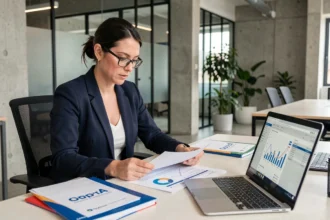 Femme cadre en blazer marine analysant des documents financiers dans un bureau moderne de startup