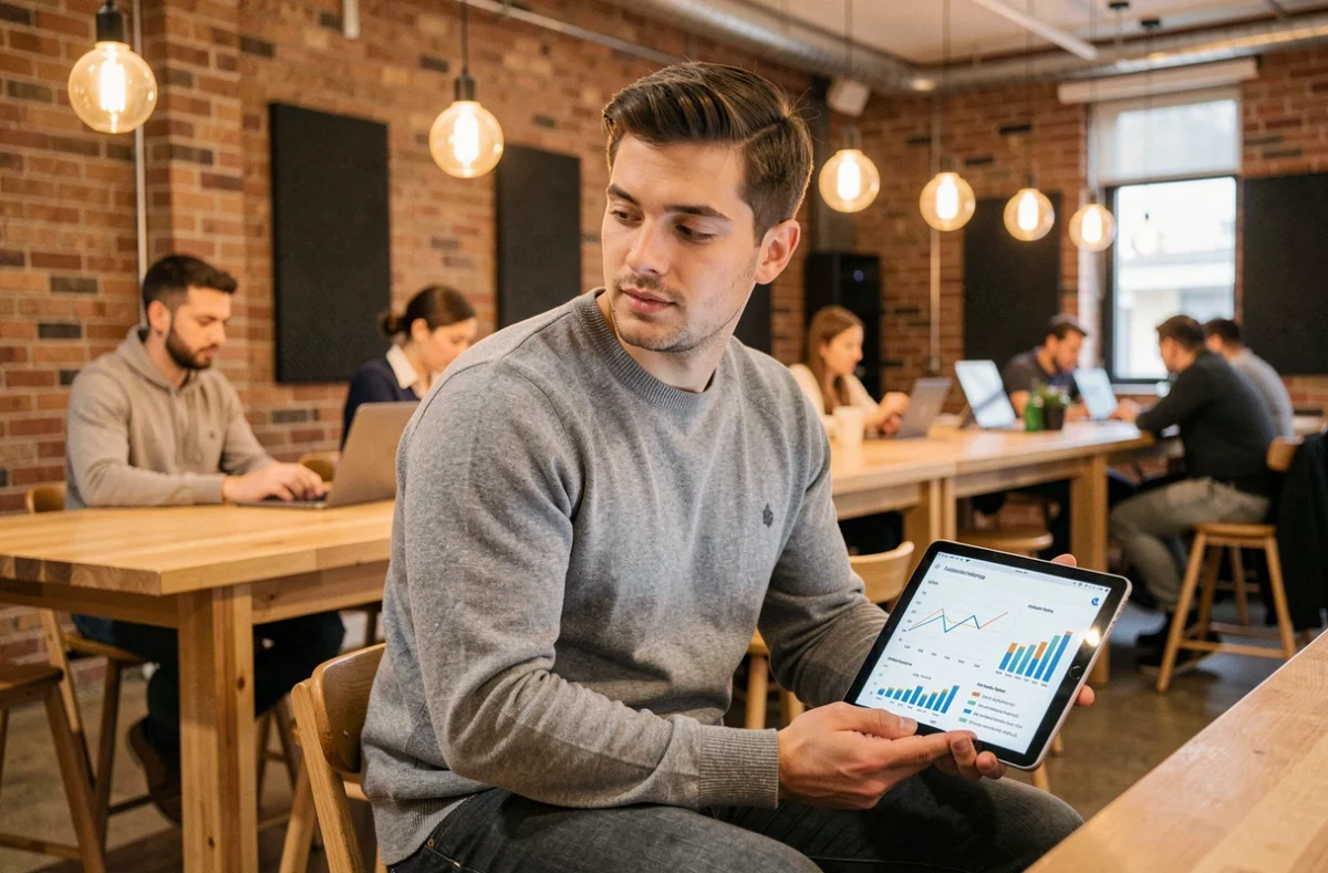 Jeune entrepreneur consultant des projections financières sur tablette dans un espace de coworking