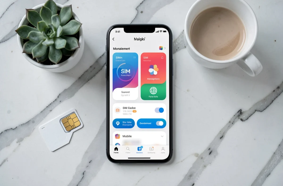 Vue de dessus d'un smartphone affichant une interface de gestion de forfait mobile goodybag sur un bureau en marbre