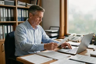 Gérant d'entreprise consultant des documents administratifs sur le chômage à son bureau