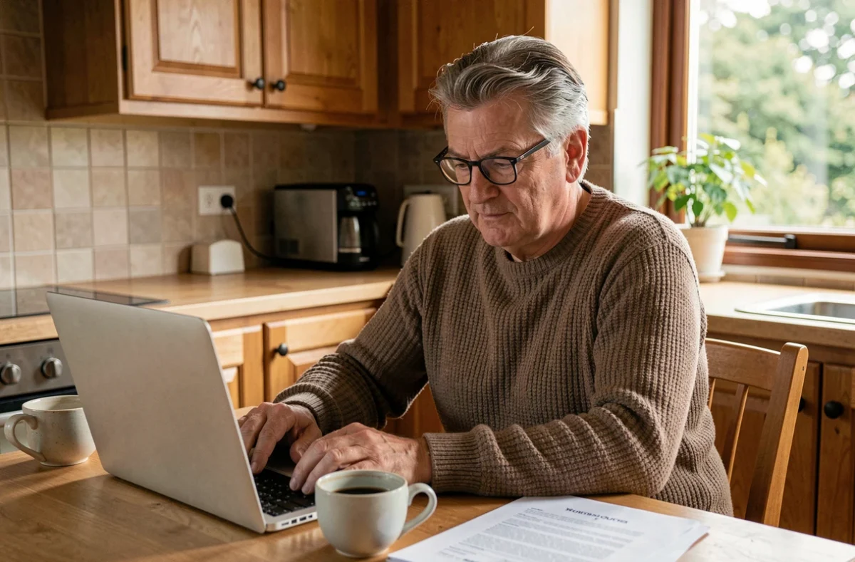 Gérant de société remplissant un formulaire de chômage en ligne depuis son domicile