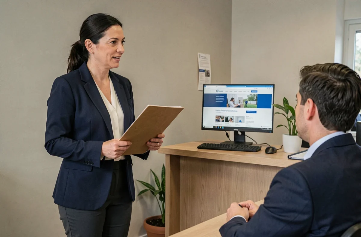 Gérante en rendez-vous avec un conseiller Pôle emploi pour une demande d'allocation chômage