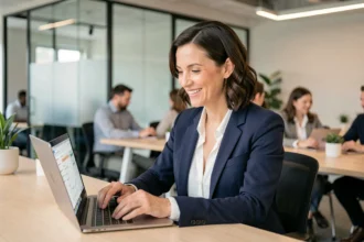 Professionnelle analysant les données clients sur un ordinateur portable dans un bureau moderne pour optimiser la gestion de la relation client