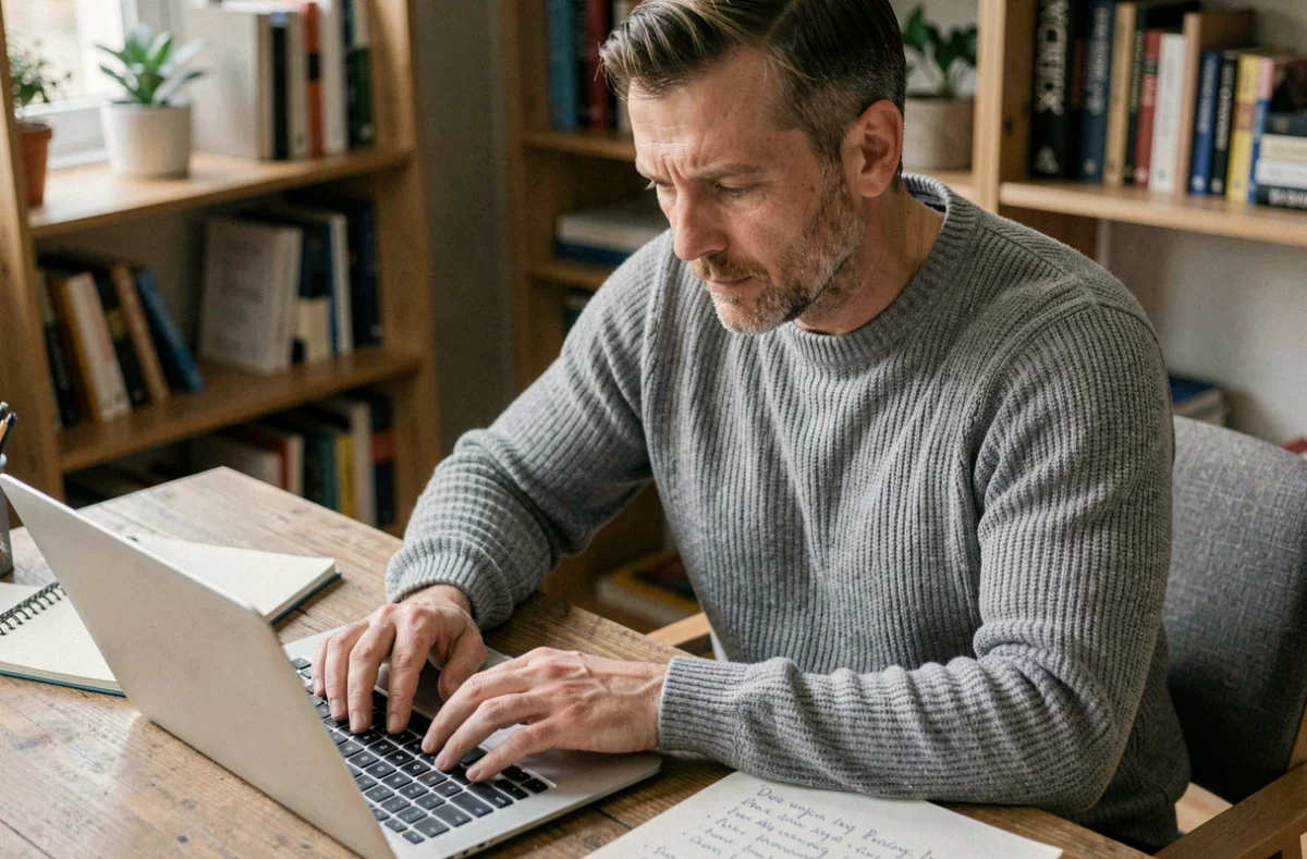 Homme gérant sa réputation en ligne depuis son bureau à domicile, travaillant sur un ordinateur portable