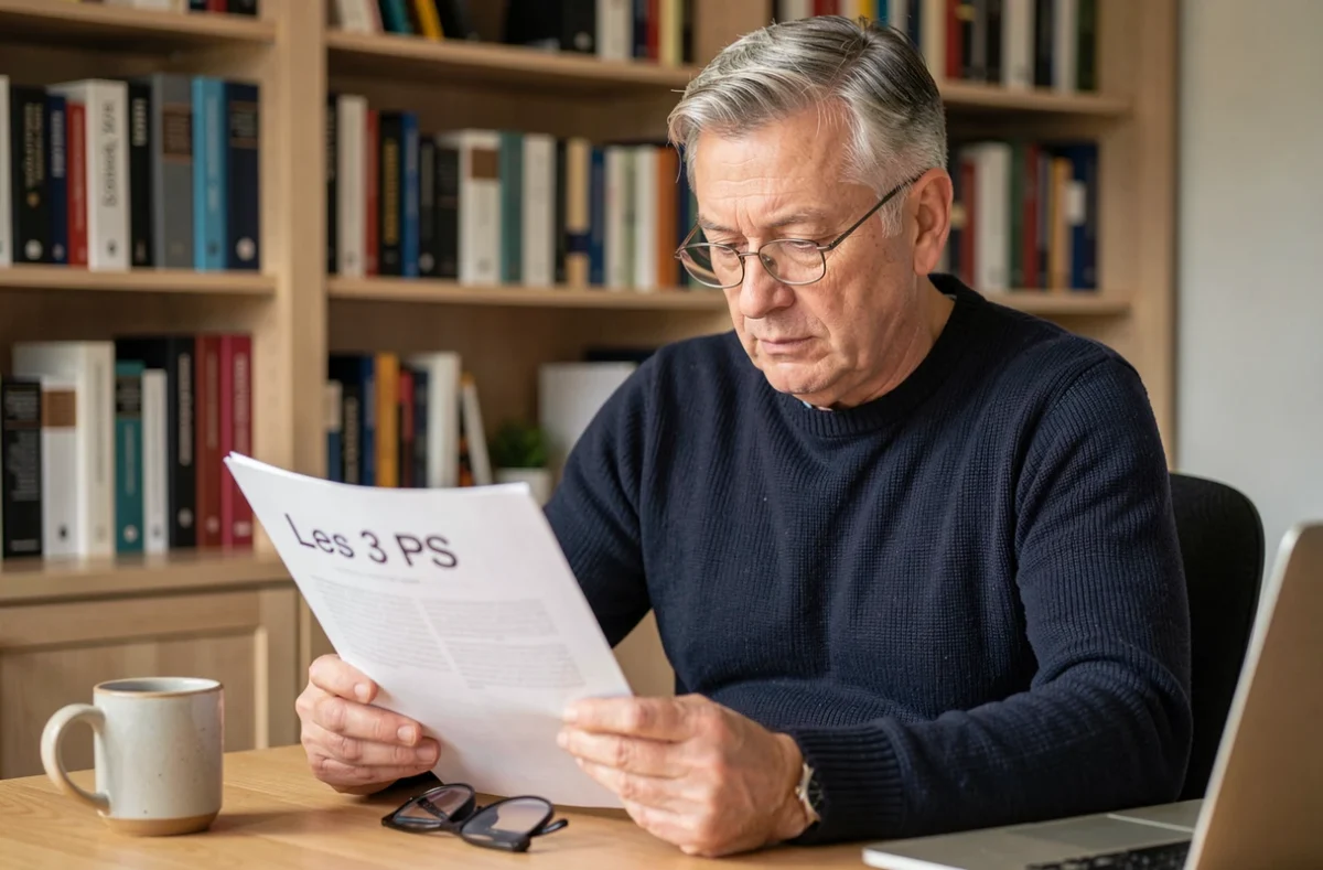 Homme d'affaires analysant un document sur les 3 PS dans un bureau à domicile