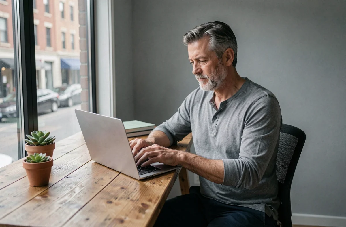 Homme fermant son ordinateur portable dans un bureau minimaliste, symbolisant la décision de travailler moins pour gagner en qualité de vie