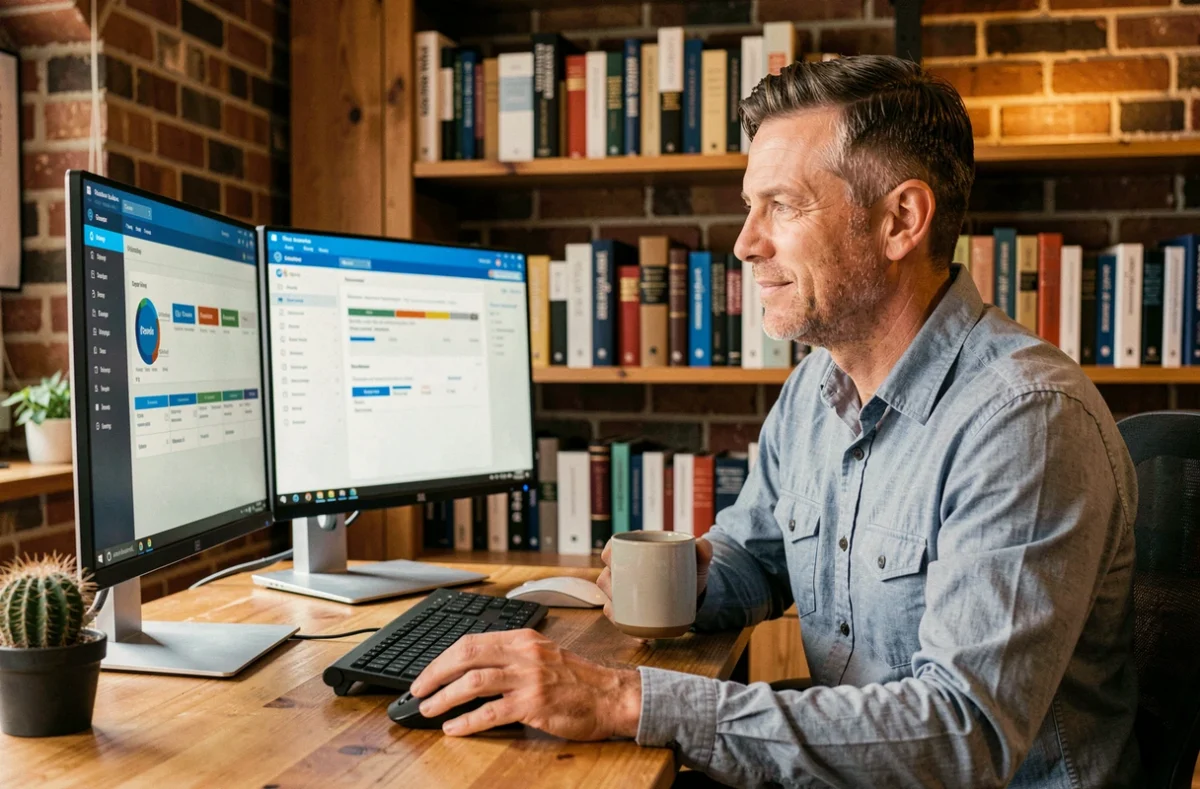 Homme en télétravail comparant des logiciels CRM populaires sur deux écrans dans un bureau à domicile