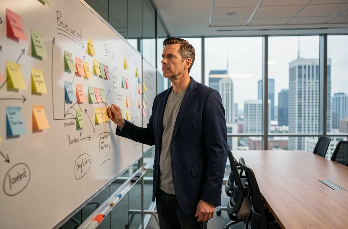 Homme en blazer marine face à un tableau blanc dans une salle de réunion vitrée, exprimant une concentration intense face à une situation professionnelle stressante