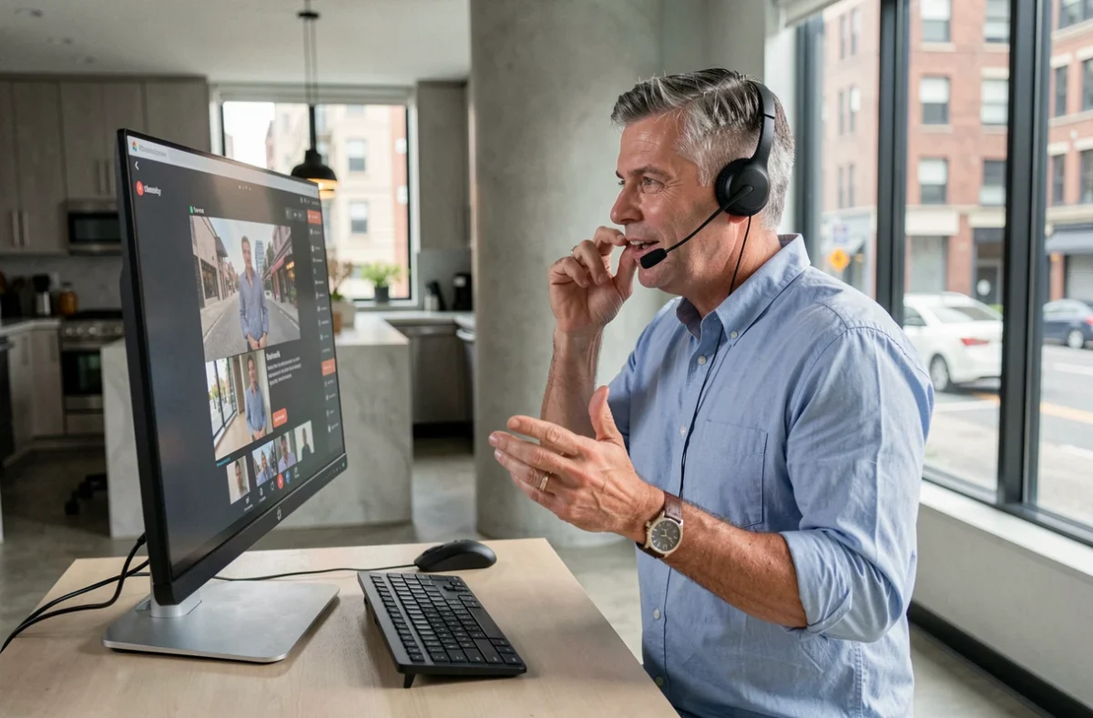 Homme en télétravail en visioconférence debout à son bureau réglable dans un appartement moderne