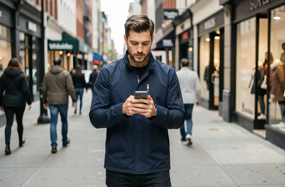 Homme en ville consultant son application de forfait mobile sur smartphone dans une rue animée
