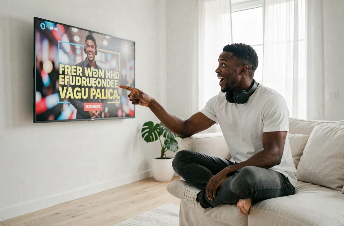 Jeune homme réagissant avec enthousiasme à une publicité virale sur un écran TV chez lui
