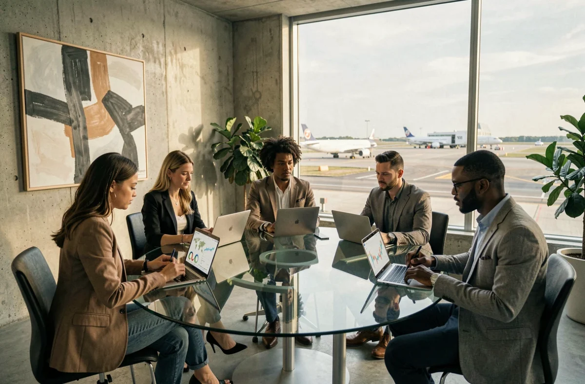 Groupe de dirigeants internationaux autour d'une table avec données économiques mondiales illustrant les dynamiques de pouvoir global