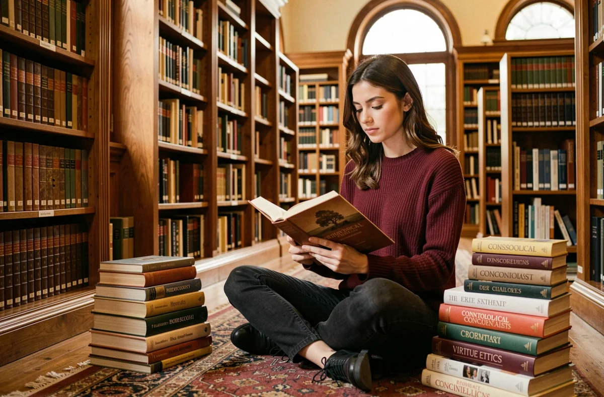 Jeune femme lisant des livres de philosophie éthique dans une bibliothèque académique traditionnelle