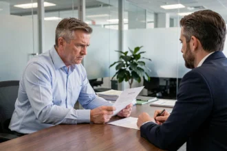 Un employé découvre une lettre de licenciement face à un responsable RH dans un bureau d'entreprise