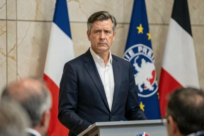 Homme politique à la tribune officielle de l'Élysée évoquant la dette publique française sous Macron