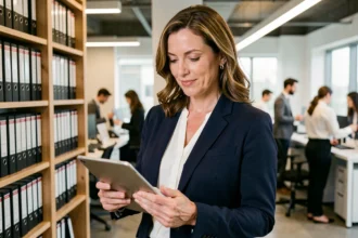 Femme professionnelle maîtrisant sa réputation en milieu de travail, tenant une tablette dans un bureau moderne