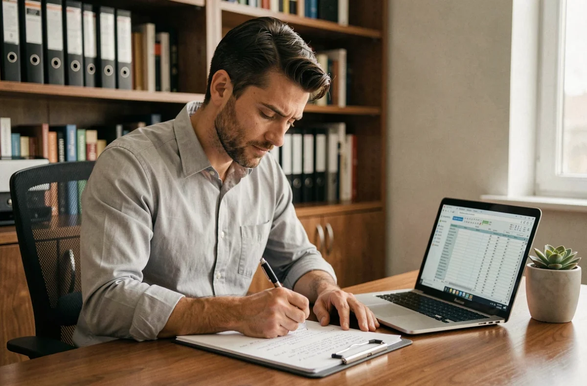 Manager complétant une fiche d'évaluation de performance d'un employé à son bureau