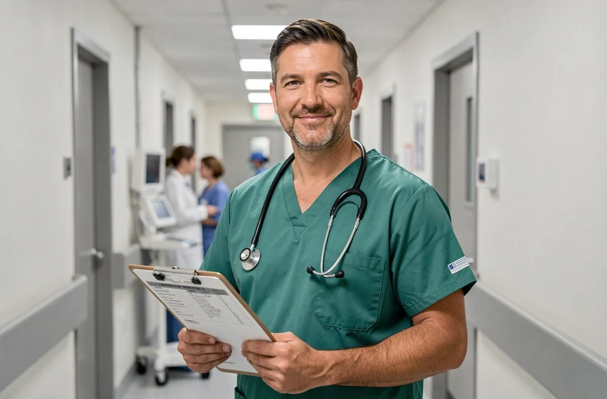 Médecin hospitalier en blouse chirurgicale verte dans un couloir d'hôpital moderne, représentant les professions médicales parmi les mieux payées en France