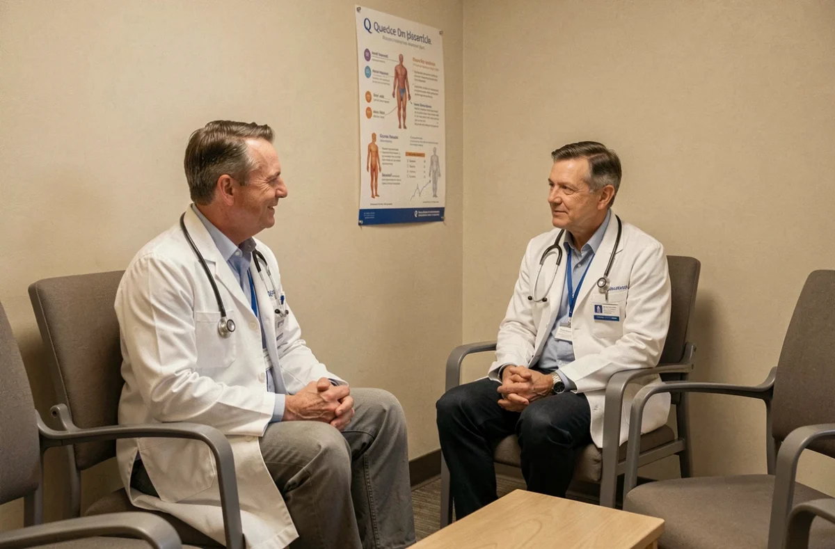 Médecin discutant avec un patient dans une clinique médicale québécoise en lien avec la loi 20