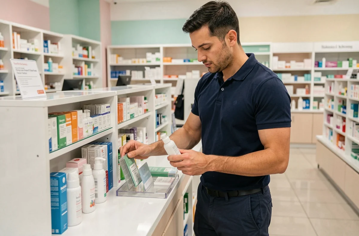 Merchandiseur masculin installant un présentoir PLV comptoir dans une pharmacie moderne