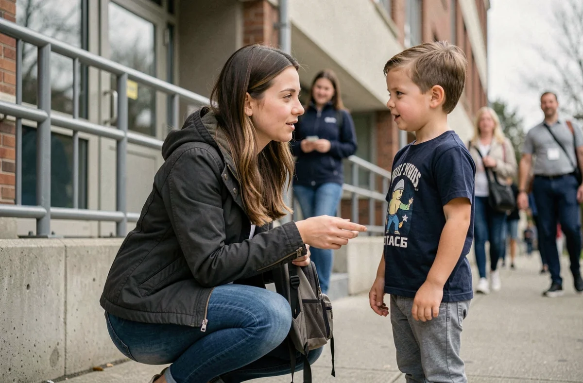 Mère accompagnant un enfant à l'école illustrant une absence professionnelle pour obligation familiale