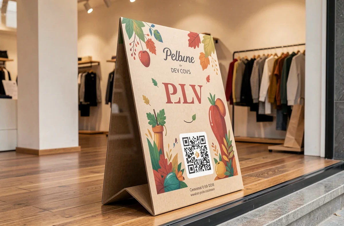 Panneau PLV imprimé en carton avec visuels promotionnels saisonniers et QR code dans une boutique de vêtements