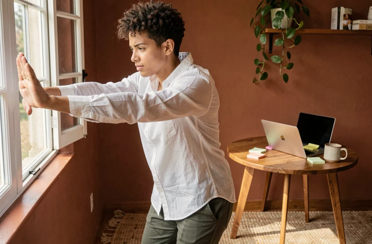 Personne en télétravail prenant une pause étirement près d'une fenêtre dans un espace de travail à domicile chaleureux