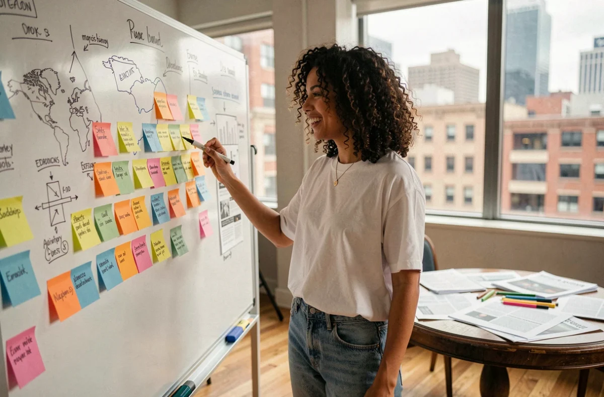 Jeune créatrice de contenu planifiant la structure d'un article attractif sur un tableau blanc dans un studio créatif