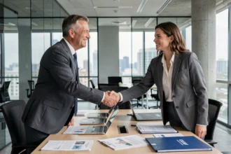 Deux professionnels en costume signant un accord B2B dans une salle de conférence moderne avec vue sur la ville