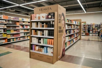 Présentoir PLV carton autonome positionné dans une allée de supermarché avec des produits cosmétiques sur étagères étagées