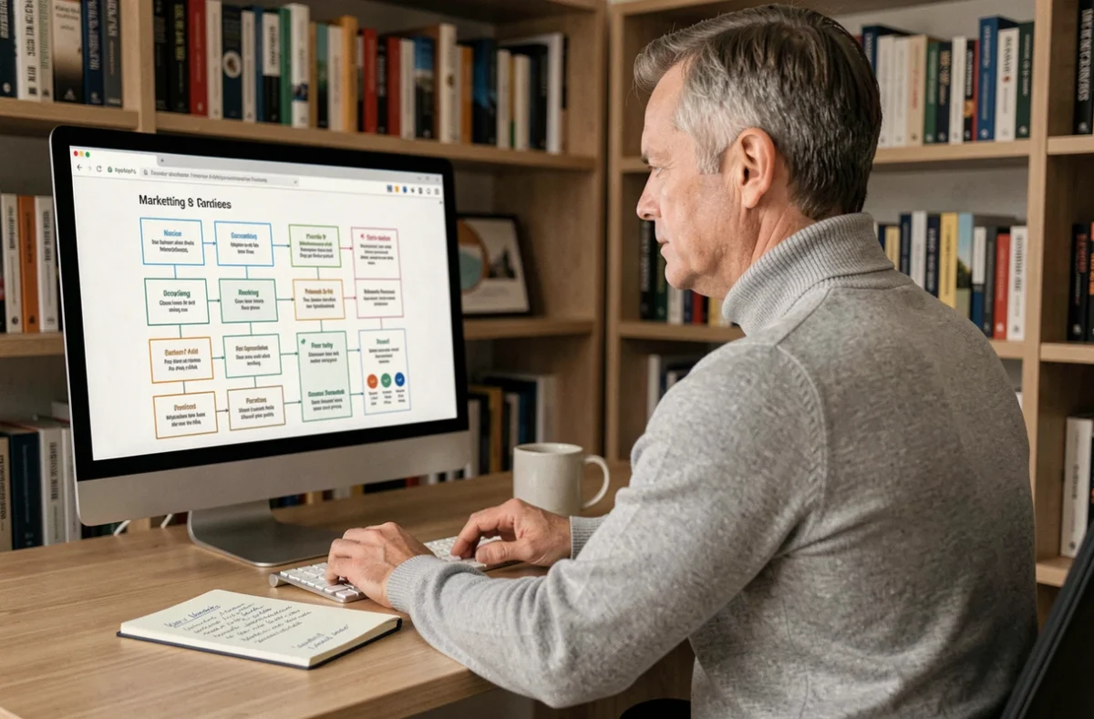 Professionnel du marketing travaillant sur un cadre des 8 P du marketing sur un écran d'ordinateur dans un bureau à domicile