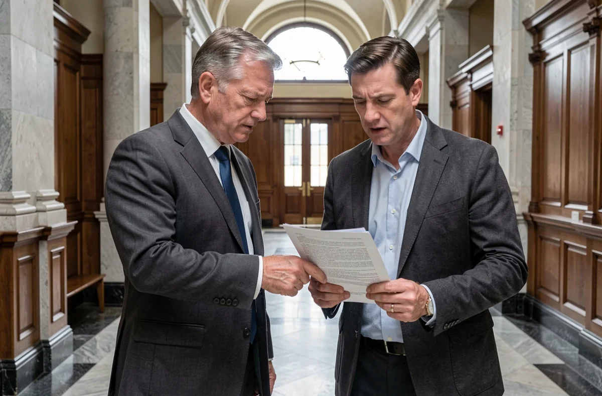 Deux professionnels du droit consultant des documents juridiques dans un couloir de palais de justice