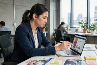 Une professionnelle en marketing analyse une campagne publicitaire sur son ordinateur dans un open space moderne