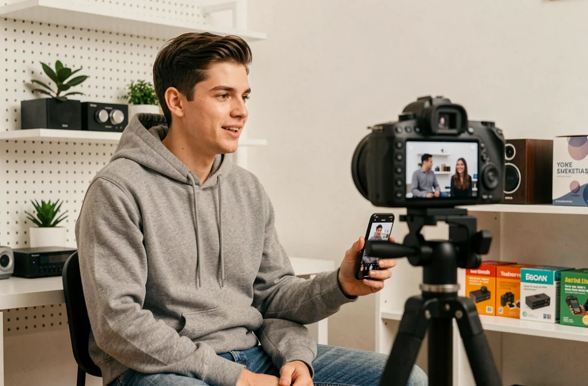 Un créateur de contenu enregistre une vidéo publicitaire dans son studio maison pour promouvoir une marque