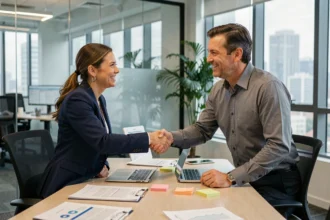 Deux professionnels se serrant la main pour conclure une proposition de collaboration en entreprise