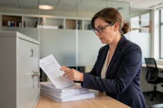 Femme professionnelle rangeant des documents confidentiels dans un classeur sécurisé dans un bureau moderne