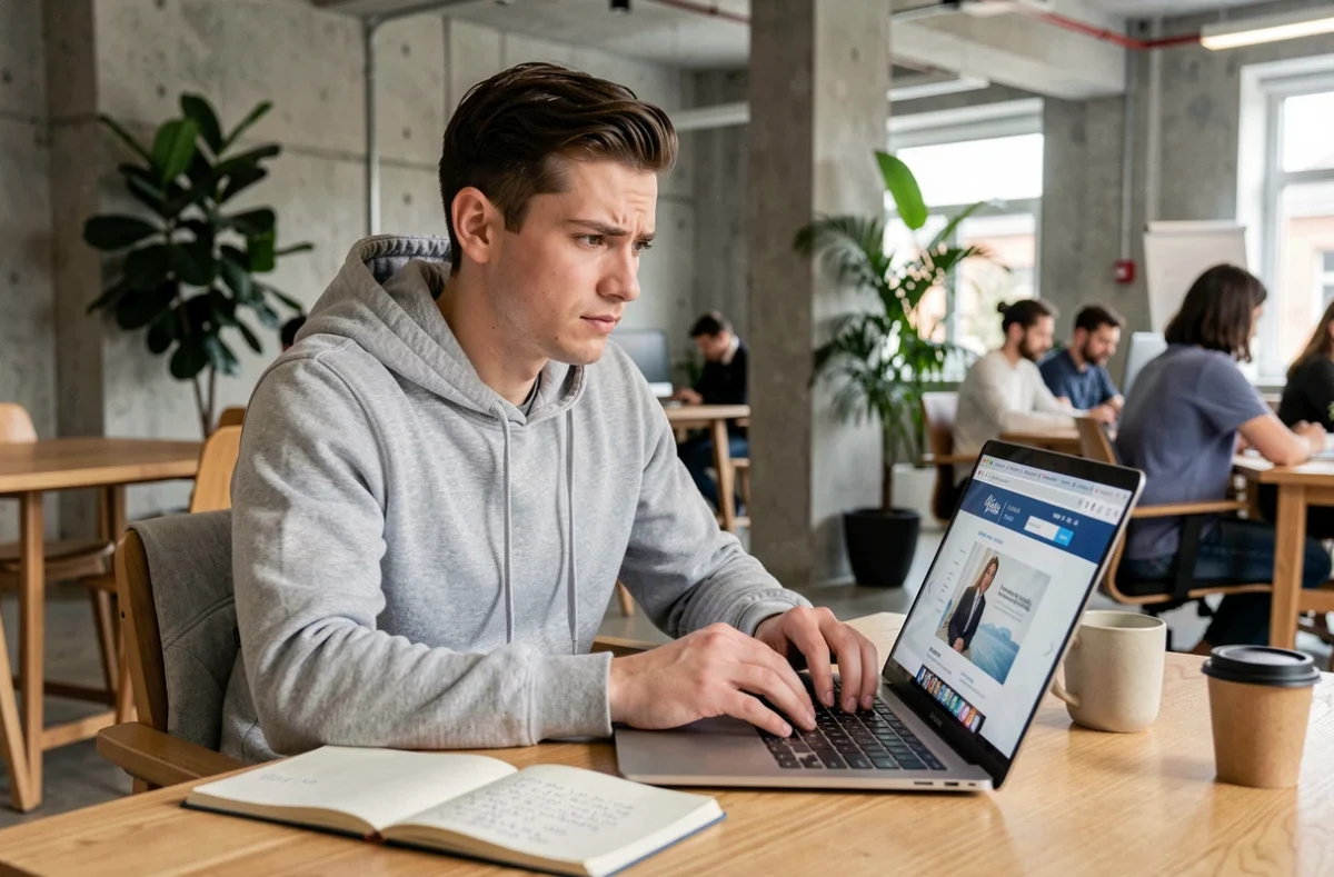 Jeune homme cherchant des conseils juridiques en ligne sur un ordinateur portable dans un espace de coworking